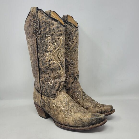 Circle G Corral Boots Women 9.5 Black Tan Crackle Bone Embroidered Western L5048